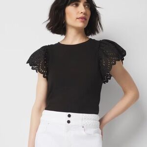 White House Black Market Black Eyelet Sleeve Top